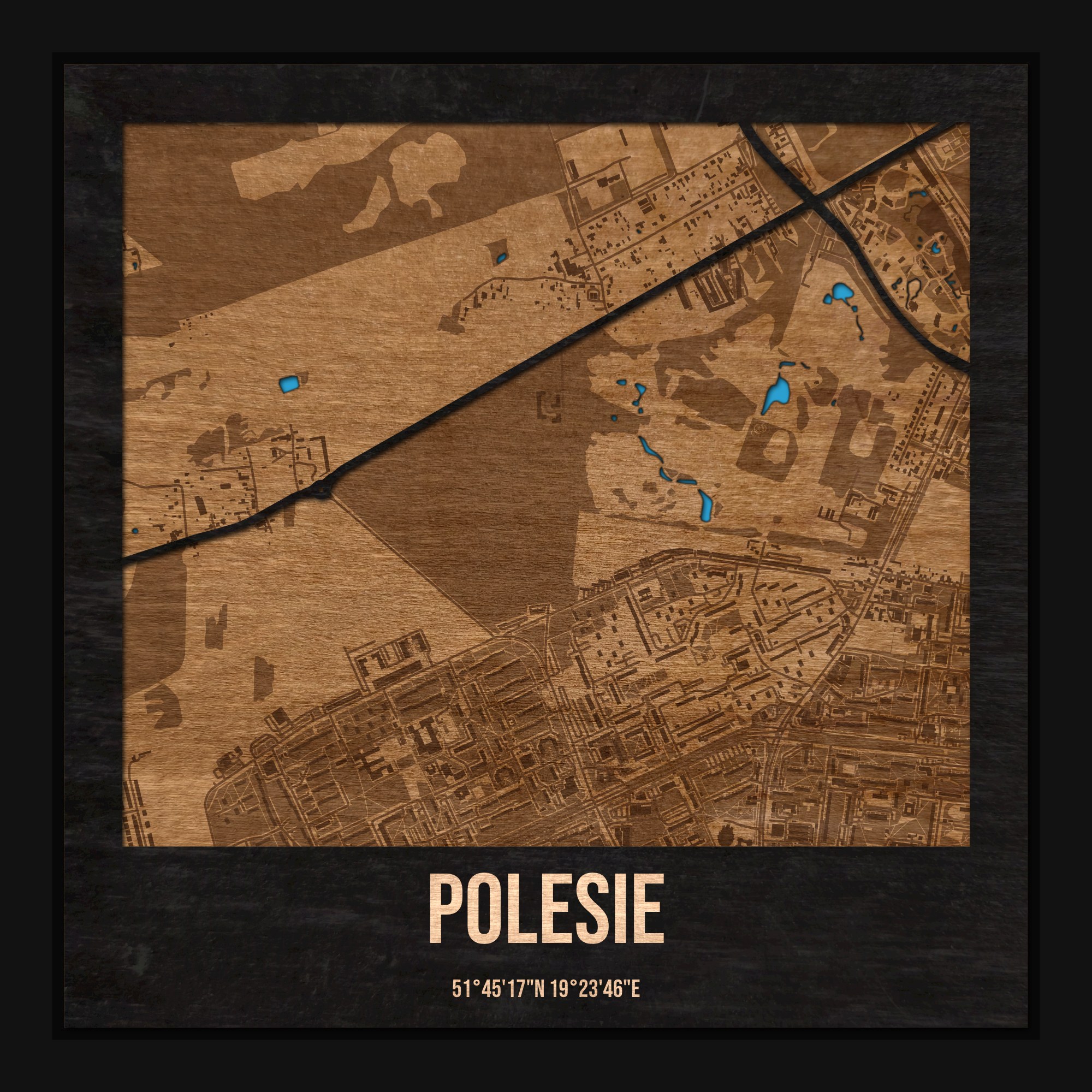 Polesie (Łódź) - drewniana mapa dzielnicy z siatką ulic w ramce