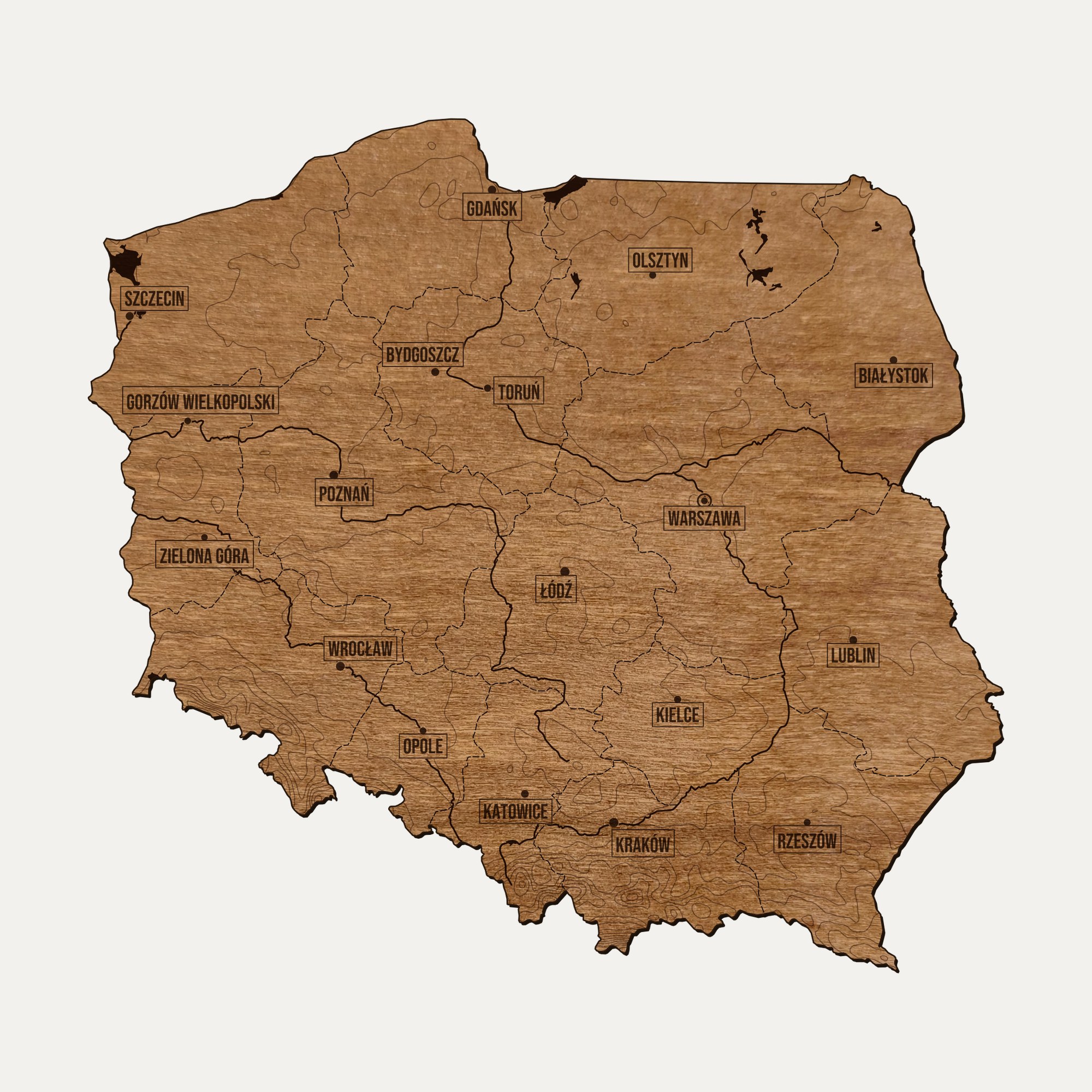 Drewniana mapa Polski na ścianę: cały kraj pocięty na regiony, z grawerem