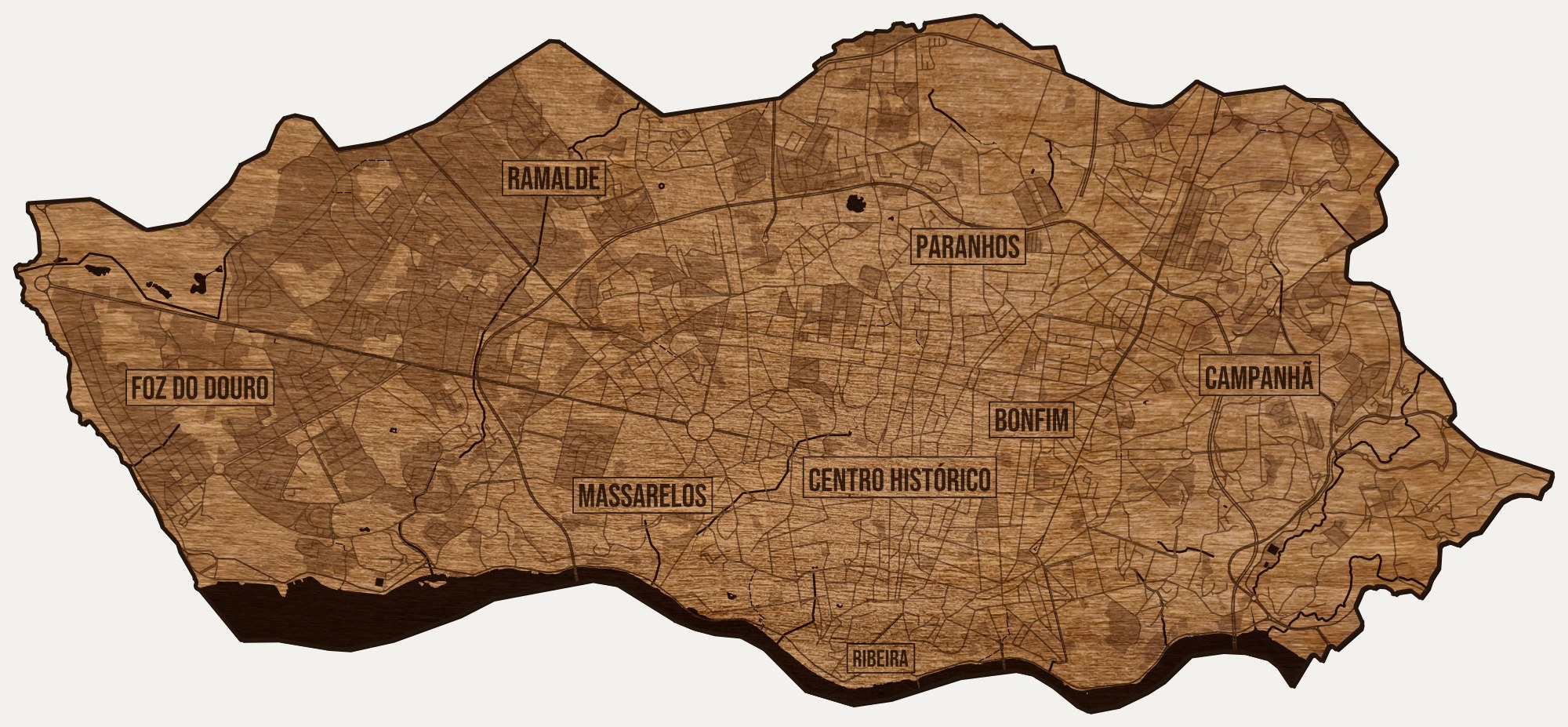 Drewniana mapa Porto na ścianę z jednego kawałka, granice dzielnic wygrawerowane