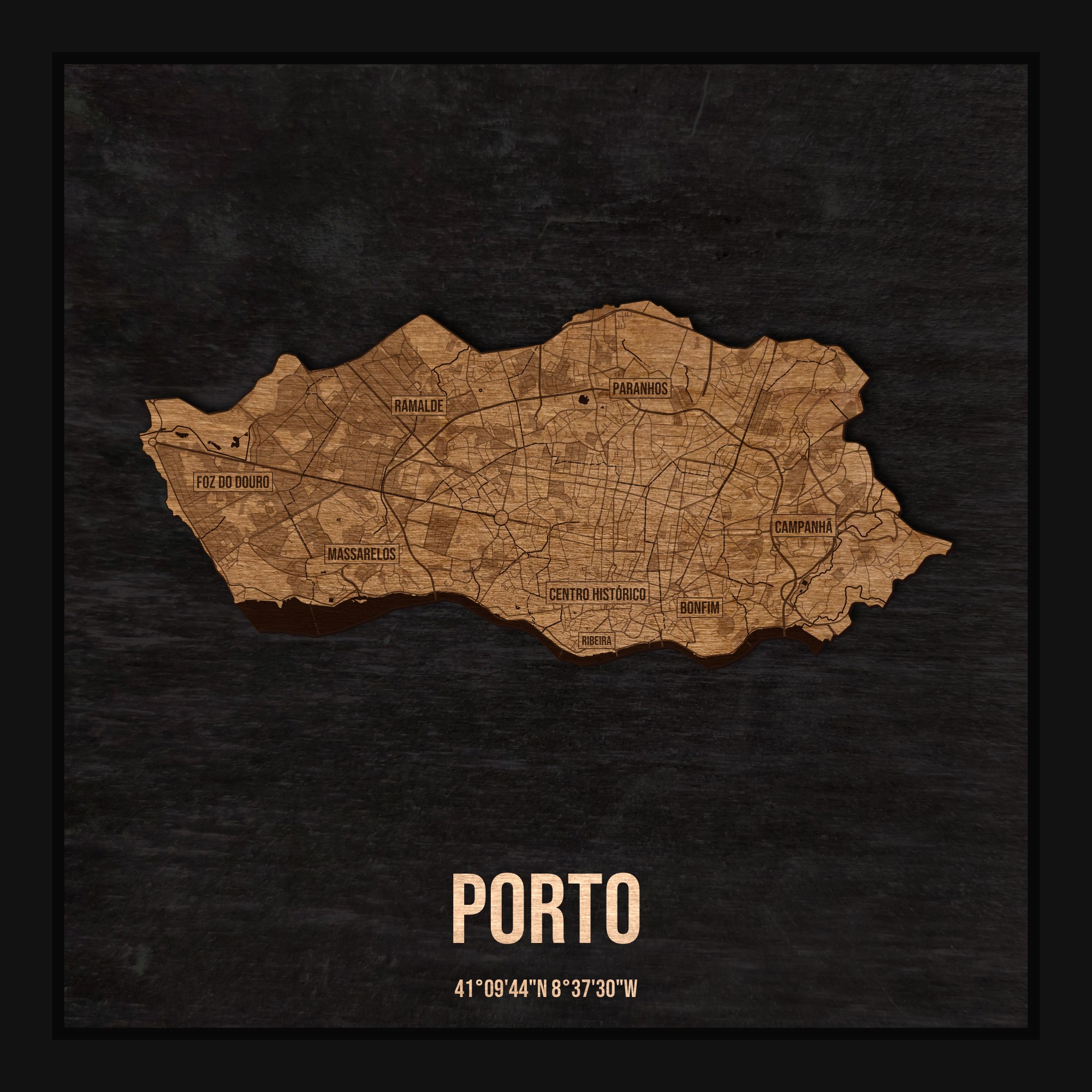 Drewniana mapa Porto w ramce 25×25: kontur miasta na czarnej płycie, ulice, zabudowa, rzeki, granice i nazwy dzielnic