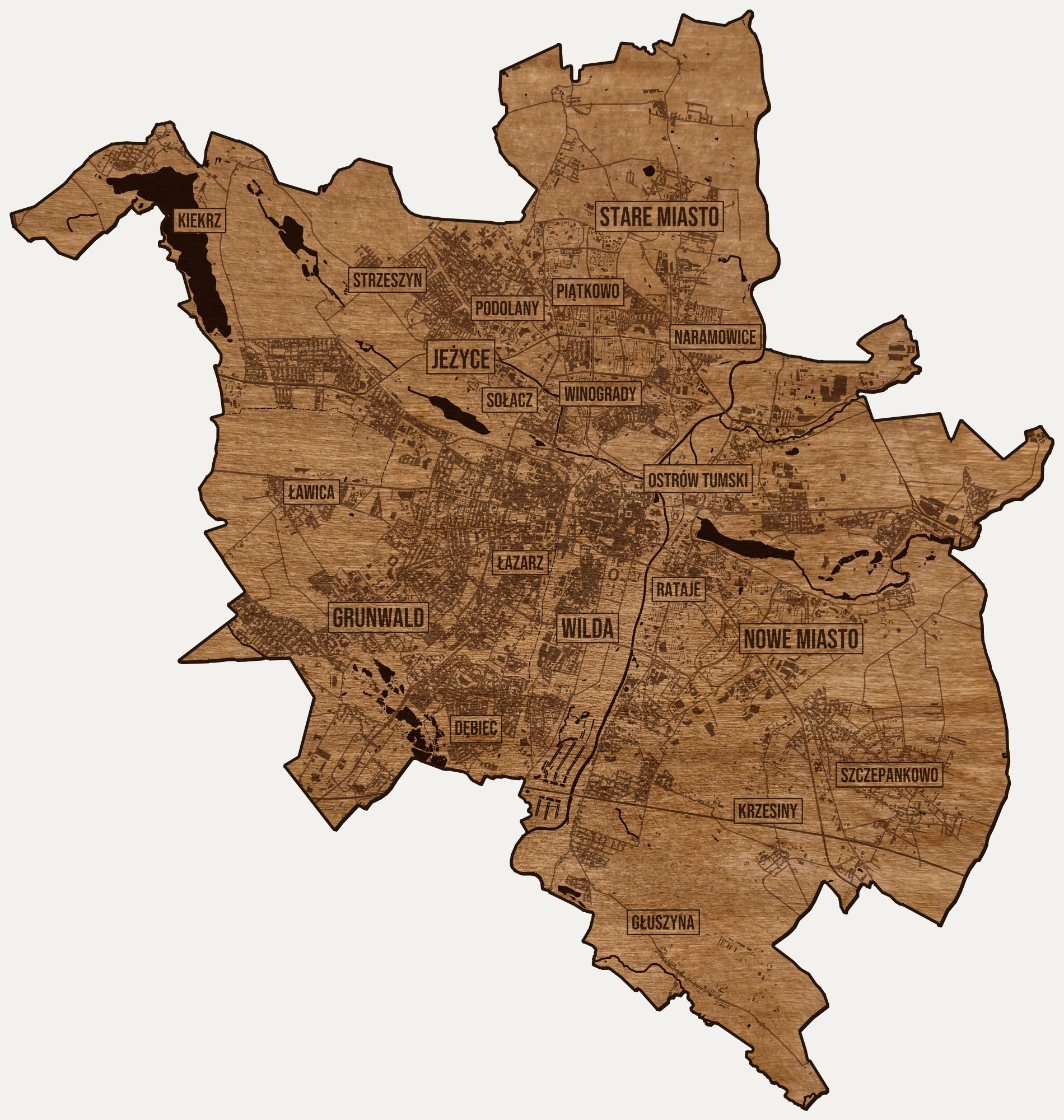 Drewniana mapa Poznania na ścianę z jednego kawałka, granice dzielnic wygrawerowane