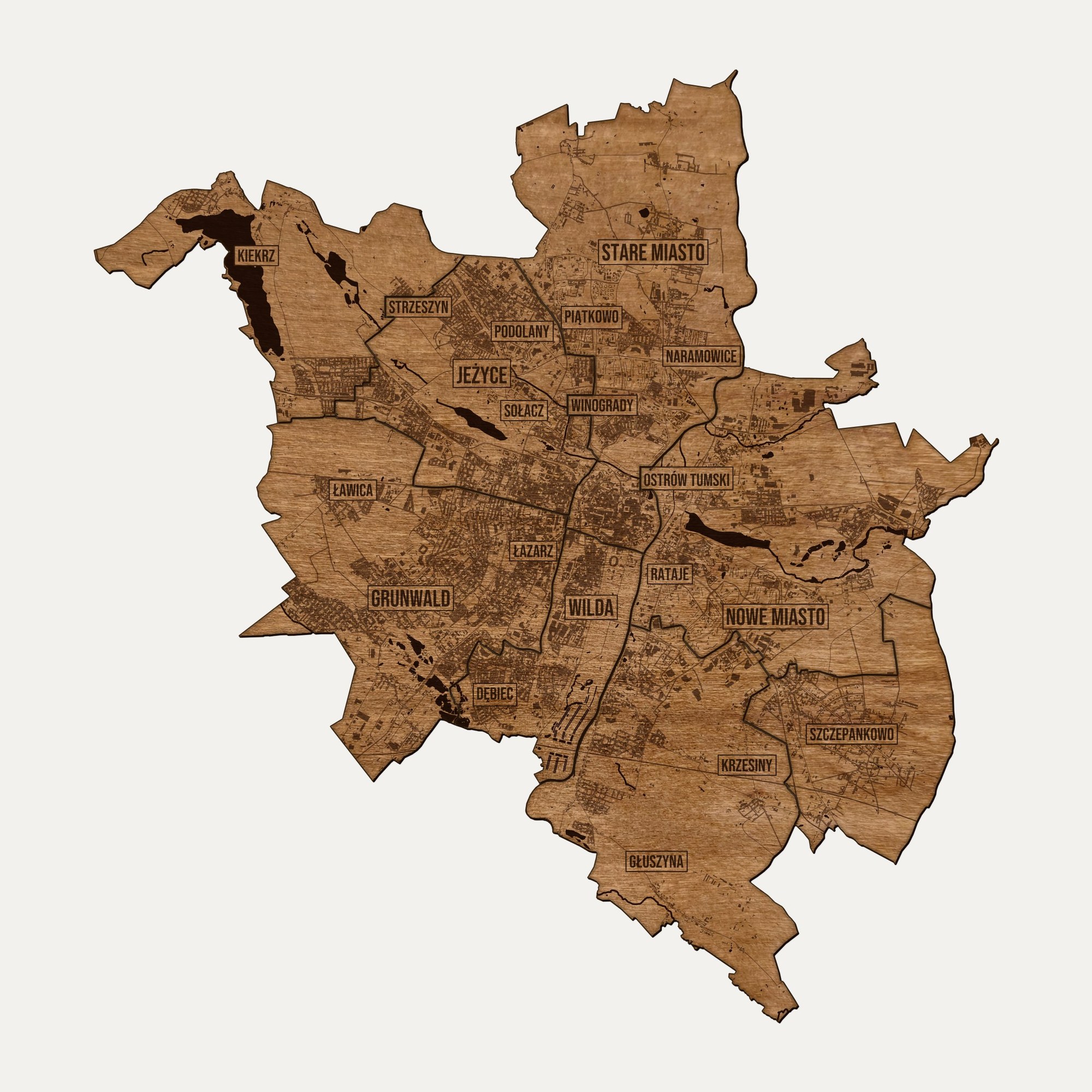 Poznań - drewniana mapa miasta na ścianę