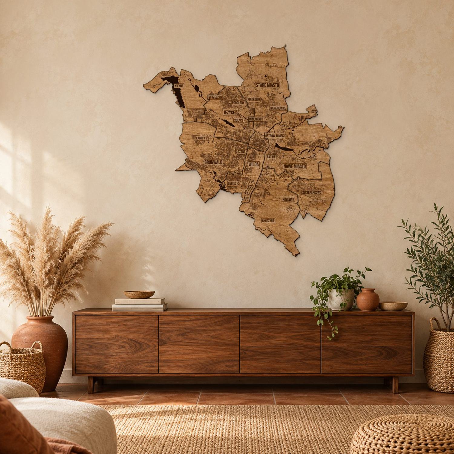Poznań - mapa na ścianę w rozmiarze L (100 cm) nad komodą