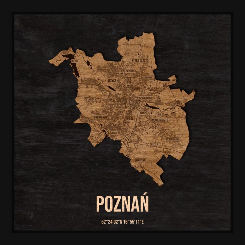 Poznań - drewniana mapa miasta w ramce