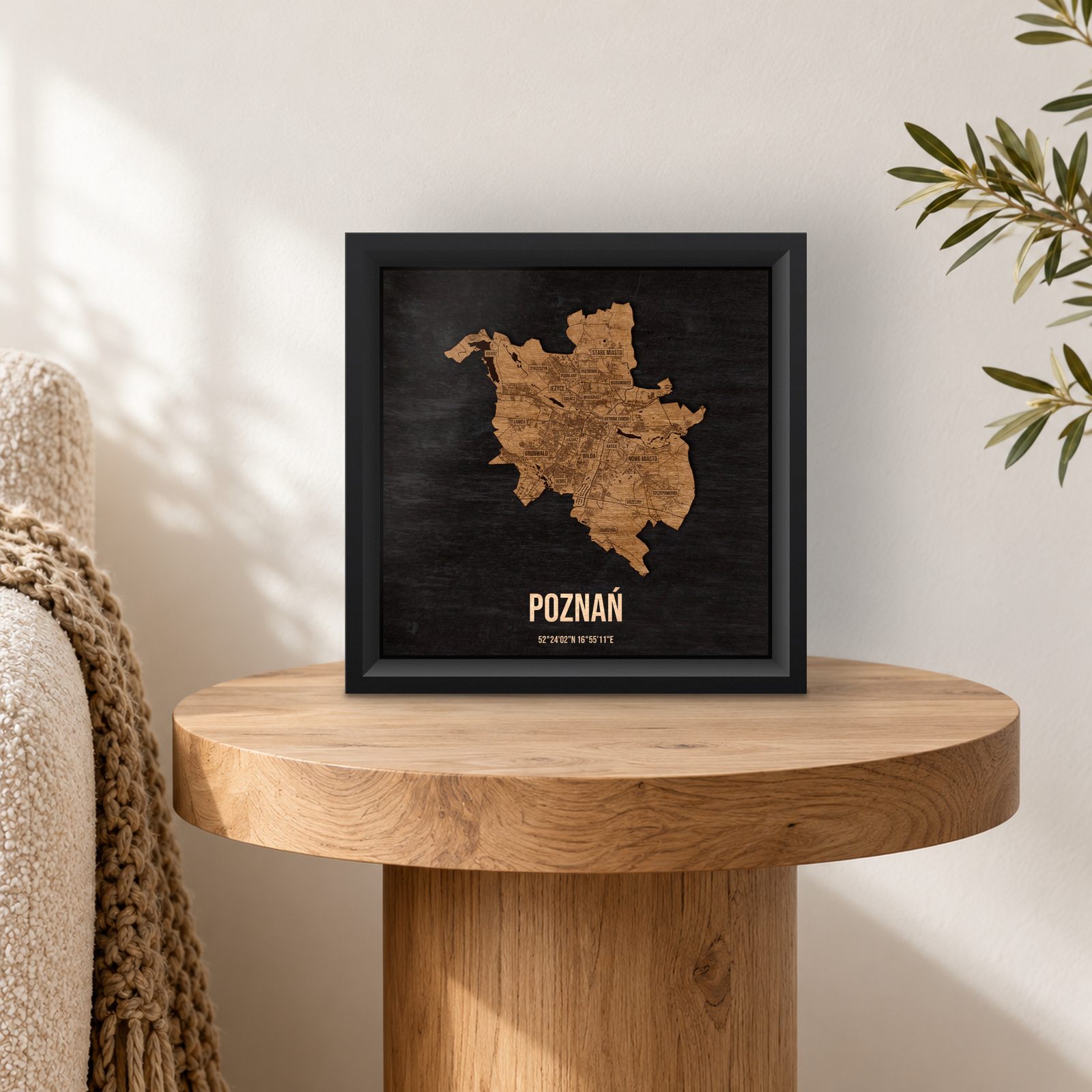 Poznań - drewniana mapa miasta w ramce