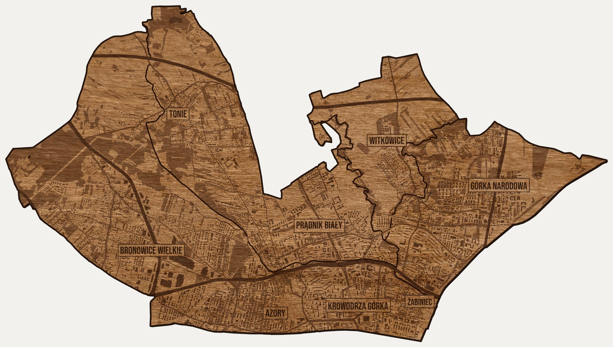 Drewniana mapa dzielnicy Prądnik Biały (Kraków) na ścianę z jednego kawałka, granice osiedli wygrawerowane