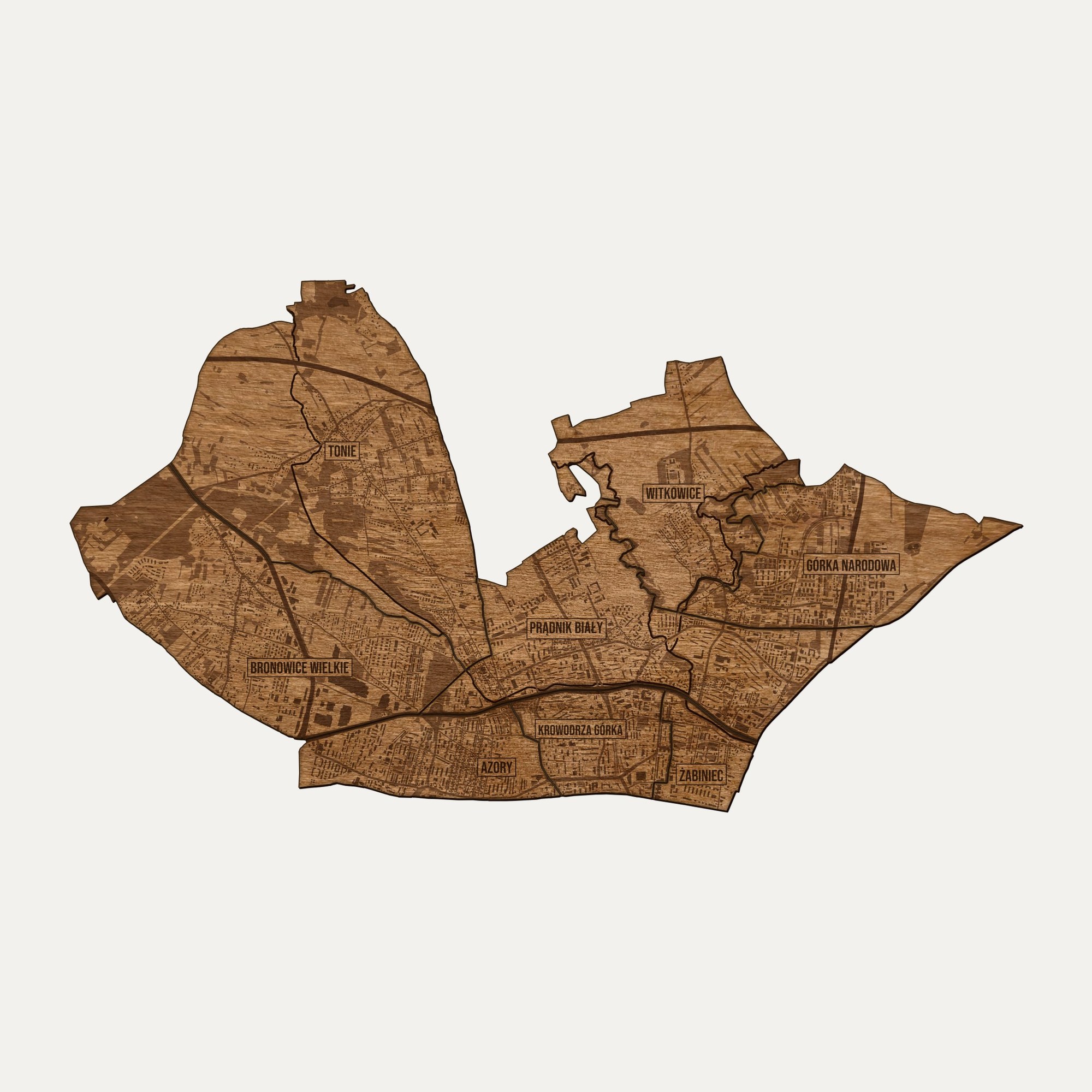 Prądnik Biały (Kraków) - drewniana mapa dzielnicy na ścianę