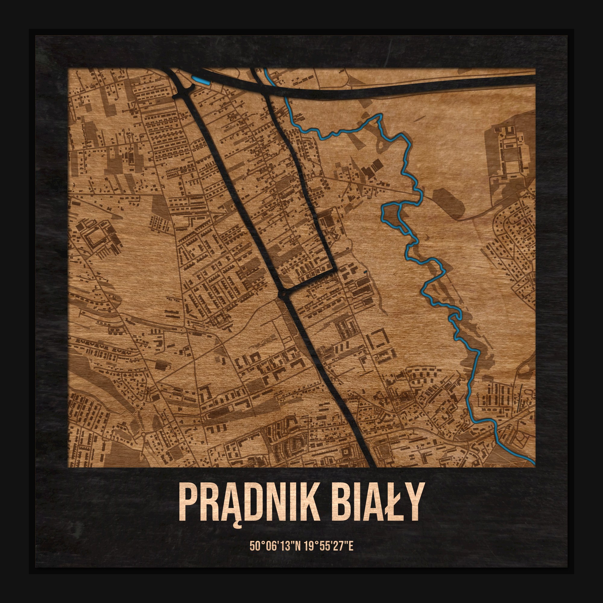 Prądnik Biały (Kraków) - drewniana mapa dzielnicy z siatką ulic w ramce