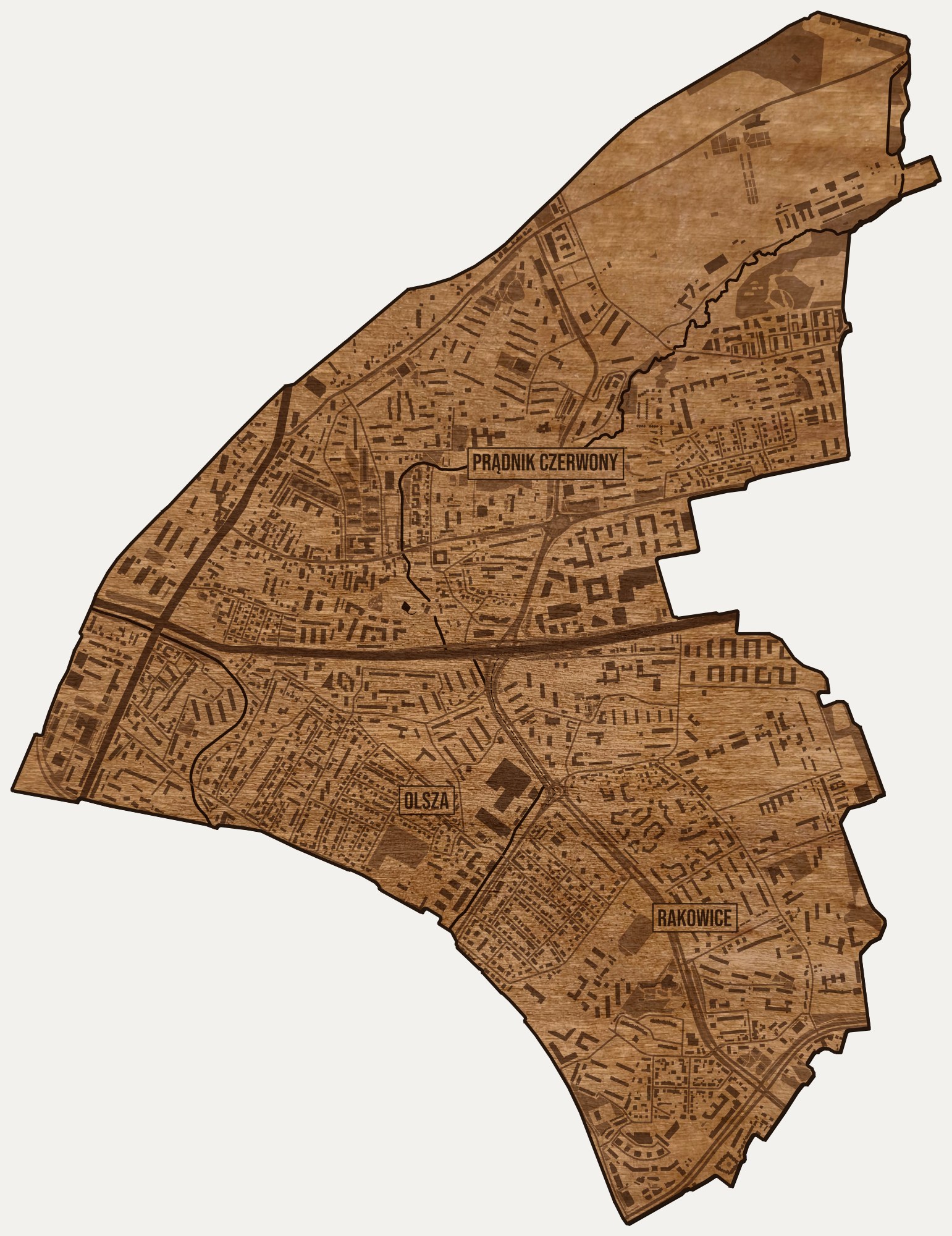 Drewniana mapa dzielnicy Prądnik Czerwony (Kraków) na ścianę z jednego kawałka, granice osiedli wygrawerowane