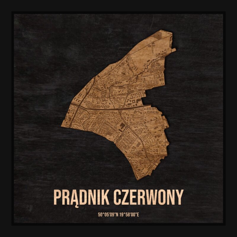 Drewniana mapa dzielnicy Prądnik Czerwony w ramce 25×25: kontur dzielnicy na czarnej płycie, ulice, budynki, zieleń i woda