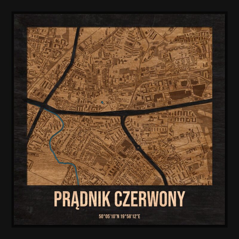 Prądnik Czerwony (Kraków) - drewniana mapa dzielnicy z siatką ulic w ramce
