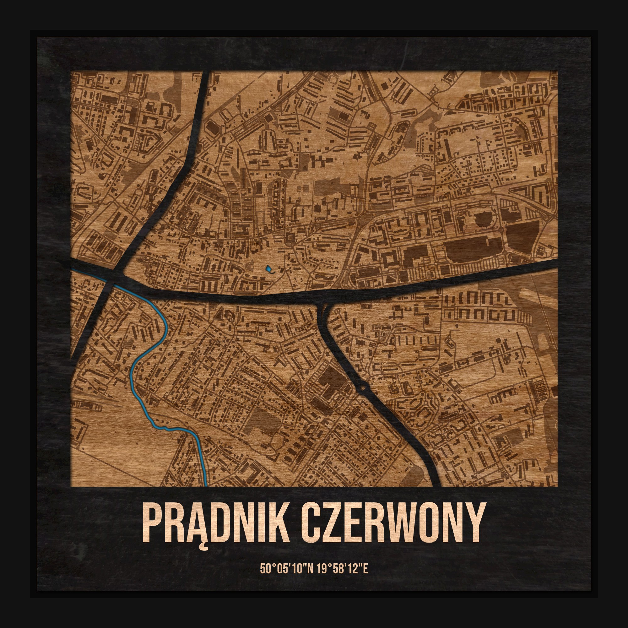 Prądnik Czerwony (Kraków) - drewniana mapa dzielnicy z siatką ulic w ramce