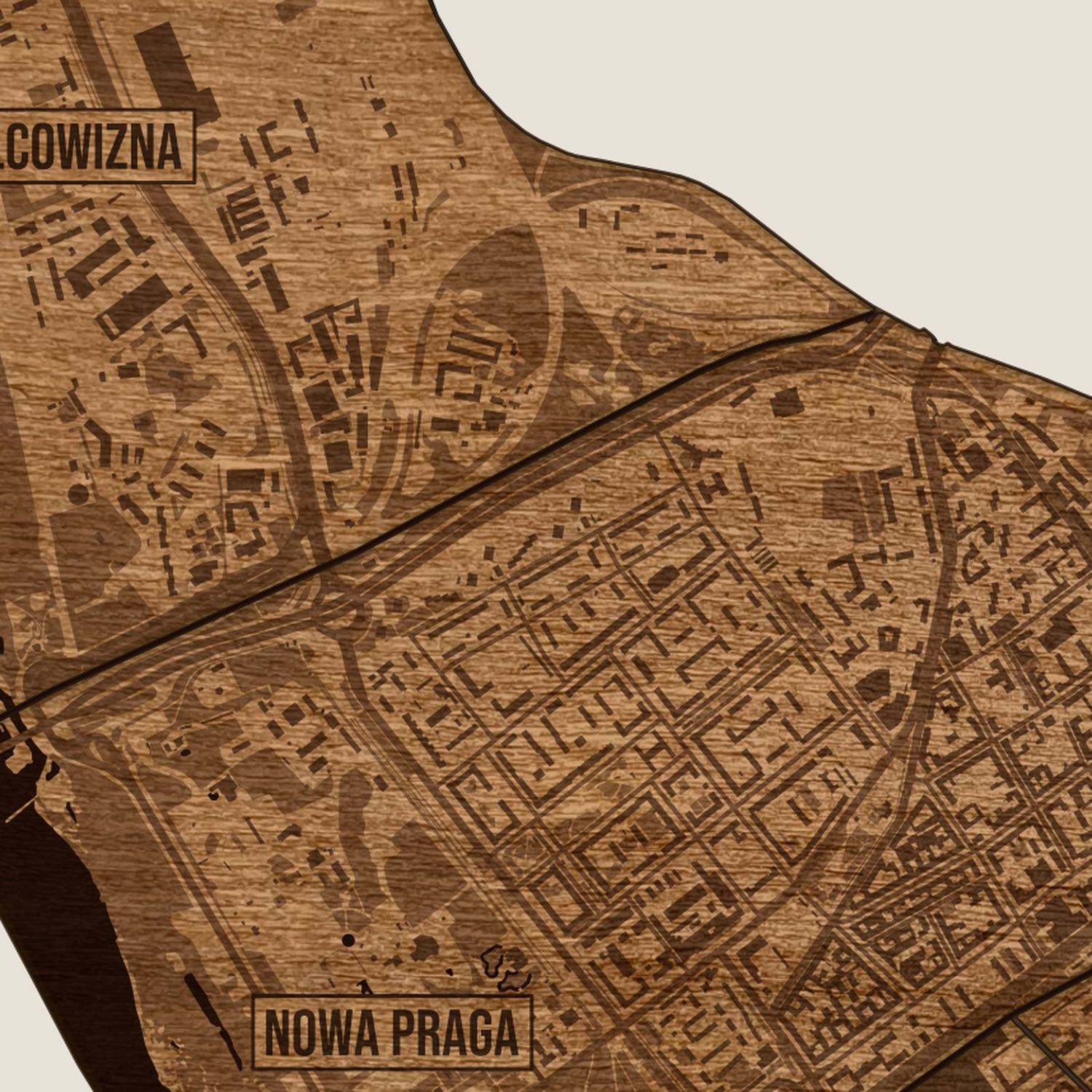 Praga-Północ (Warszawa) - zbliżenie na grawer drewnianej mapy