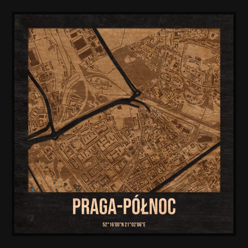 Praga-Północ (Warszawa) - drewniana mapa dzielnicy z siatką ulic w ramce