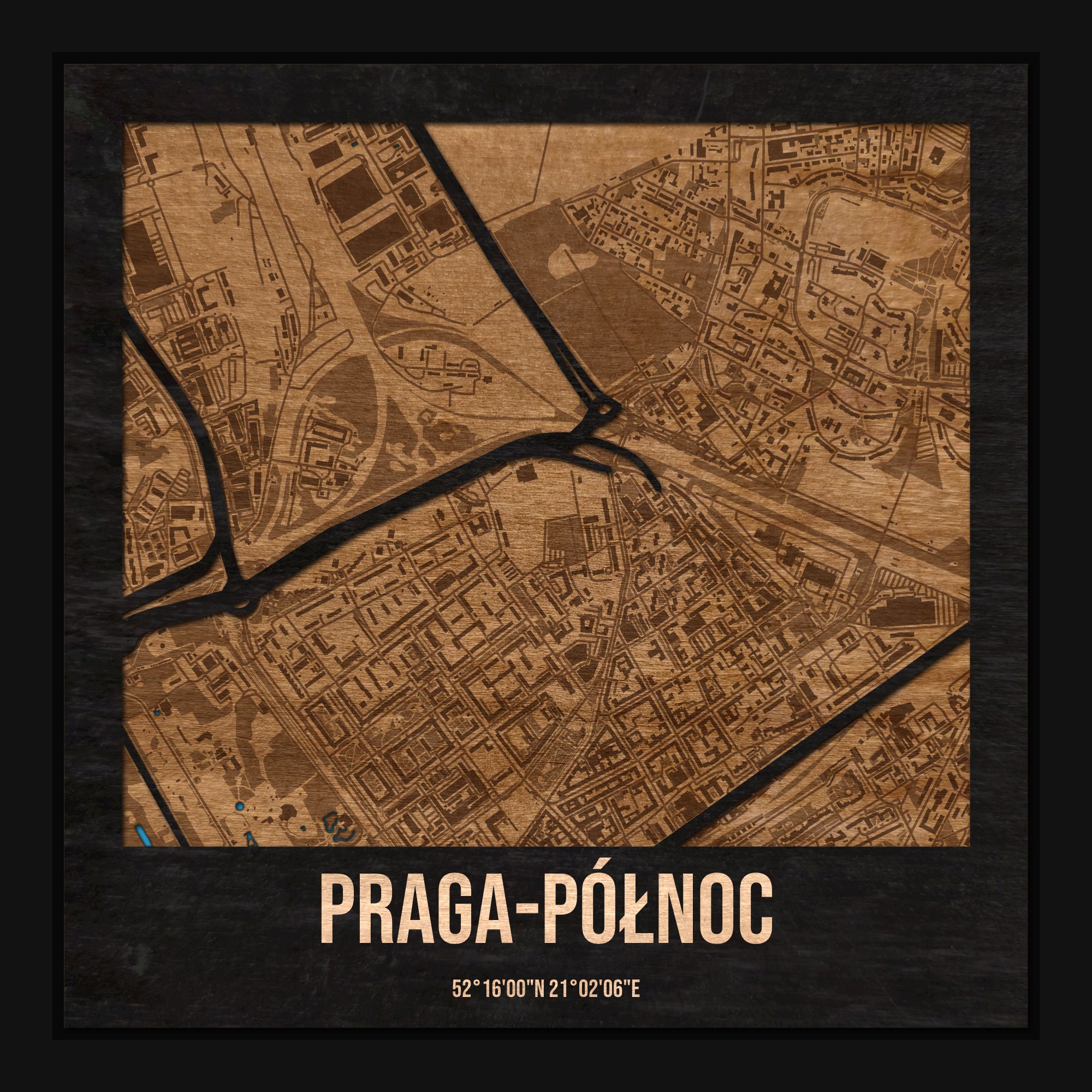 Praga-Północ (Warszawa) - drewniana mapa dzielnicy z siatką ulic w ramce