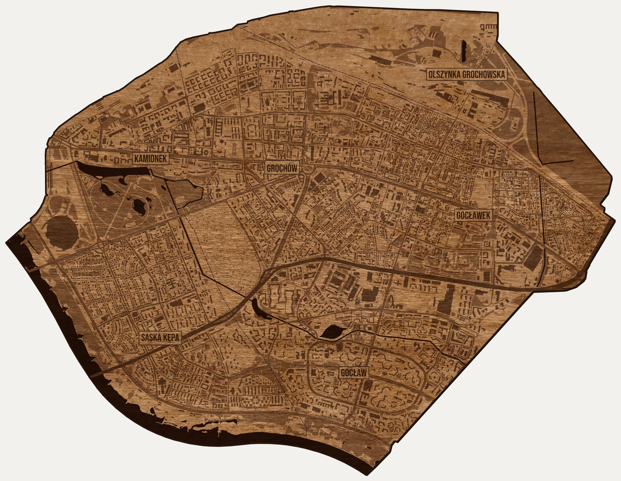 Drewniana mapa dzielnicy Praga-Południe (Warszawa) na ścianę z jednego kawałka, granice osiedli wygrawerowane