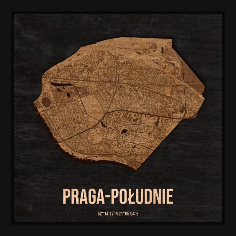 Drewniana mapa dzielnicy Praga-Południe w ramce 25×25: kontur dzielnicy na czarnej płycie, ulice, budynki, zieleń i woda