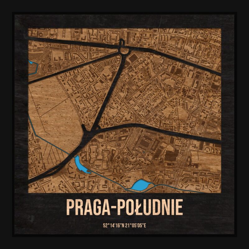 Praga-Południe (Warszawa) - drewniana mapa dzielnicy z siatką ulic w ramce