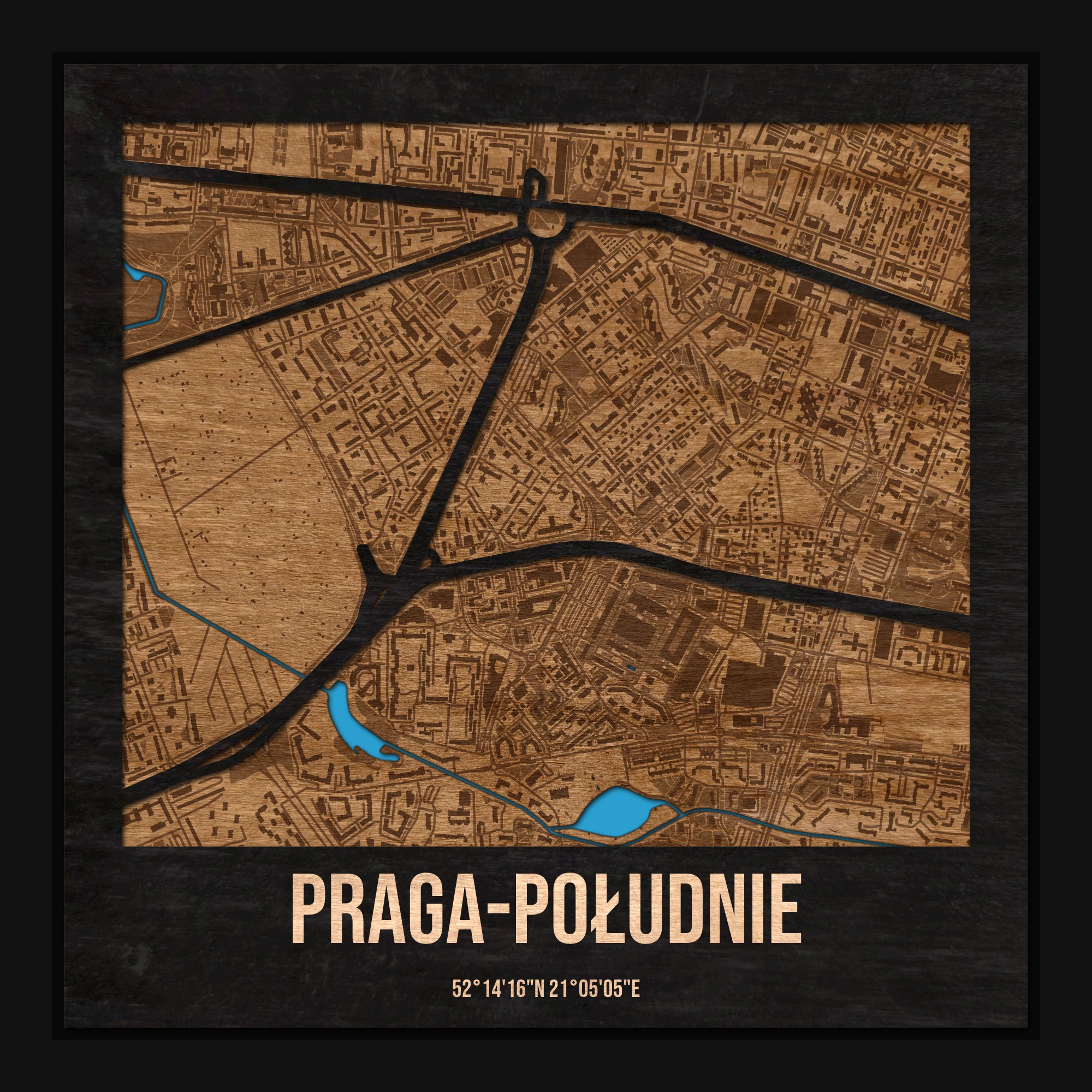 Praga-Południe (Warszawa) - drewniana mapa dzielnicy z siatką ulic w ramce