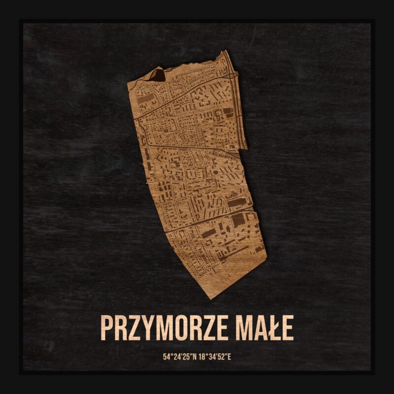 Drewniana mapa dzielnicy Przymorze Małe w ramce 25×25: kontur dzielnicy na czarnej płycie, ulice, budynki, zieleń i woda