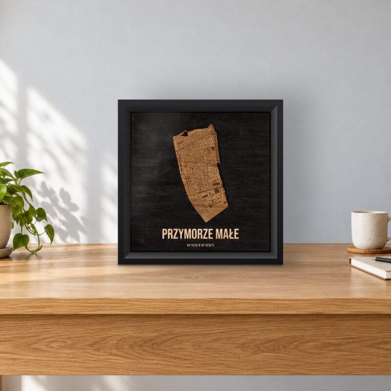 Przymorze Małe (Gdańsk) - drewniana mapa dzielnicy w ramce