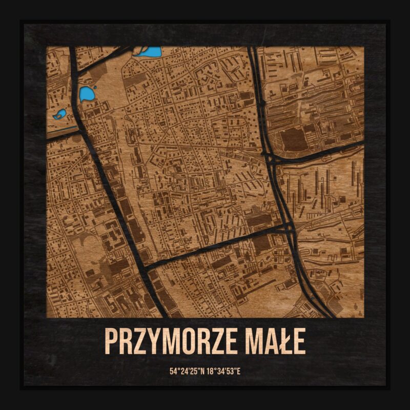 Przymorze Małe (Gdańsk) - drewniana mapa dzielnicy z siatką ulic w ramce