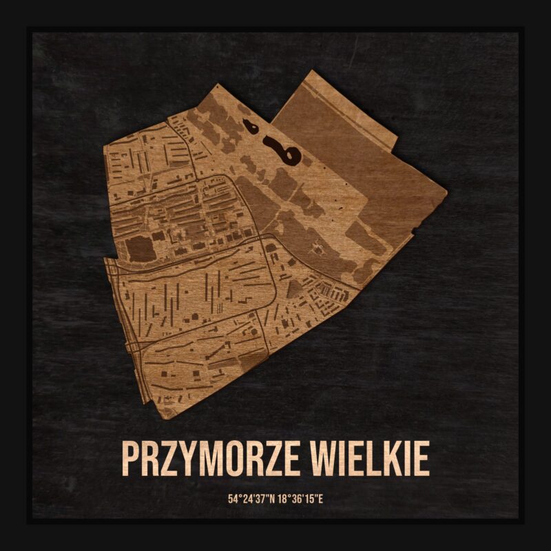 Drewniana mapa dzielnicy Przymorze Wielkie w ramce 25×25: kontur dzielnicy na czarnej płycie, ulice, budynki, zieleń i woda
