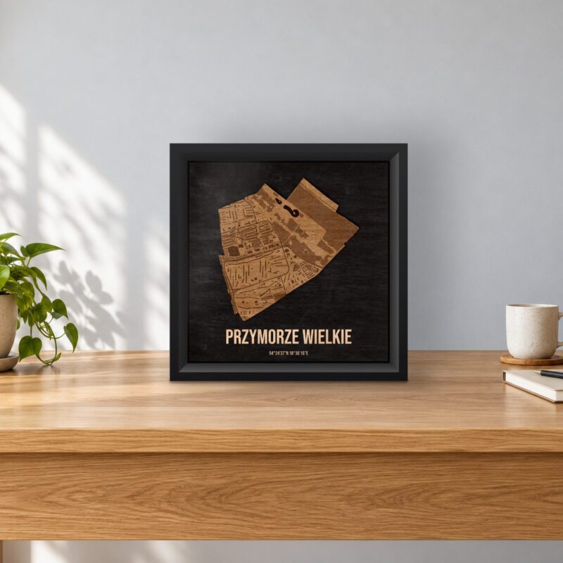 Przymorze Wielkie (Gdańsk) - drewniana mapa dzielnicy w ramce