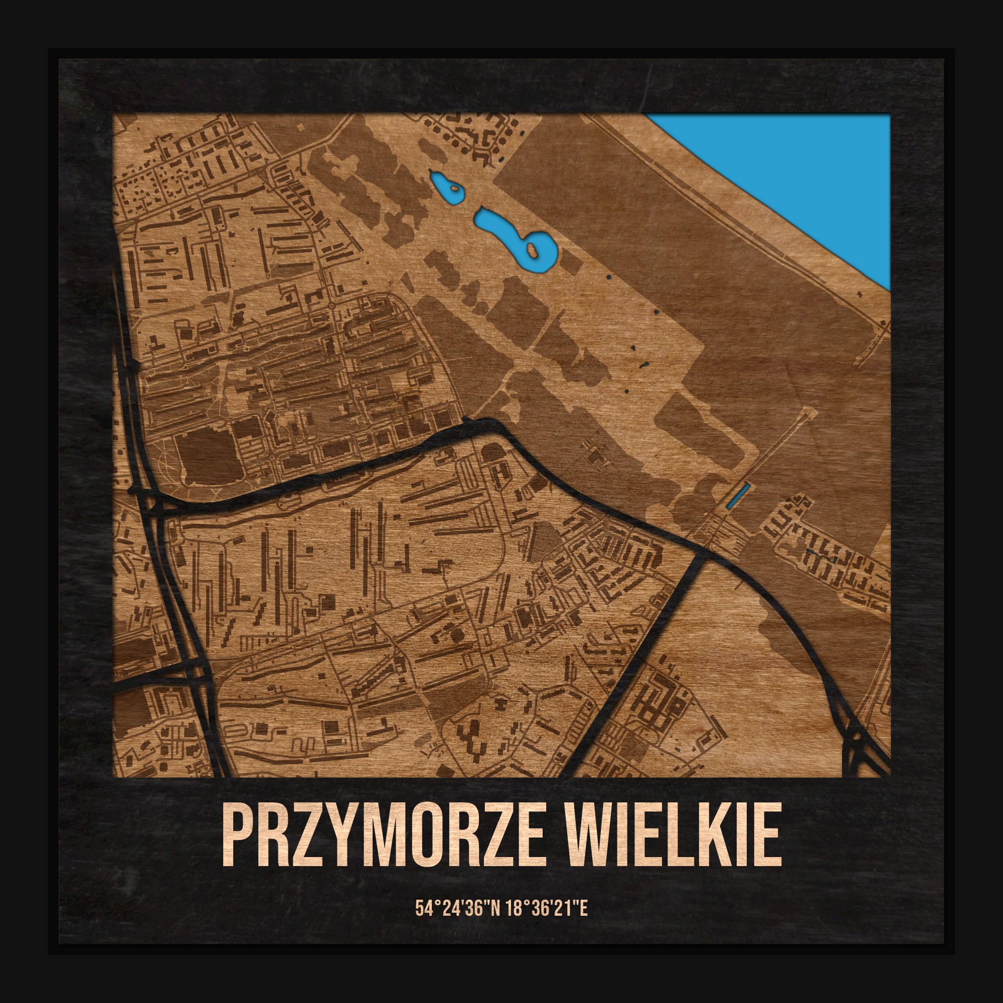 Przymorze Wielkie (Gdańsk) - drewniana mapa dzielnicy z siatką ulic w ramce