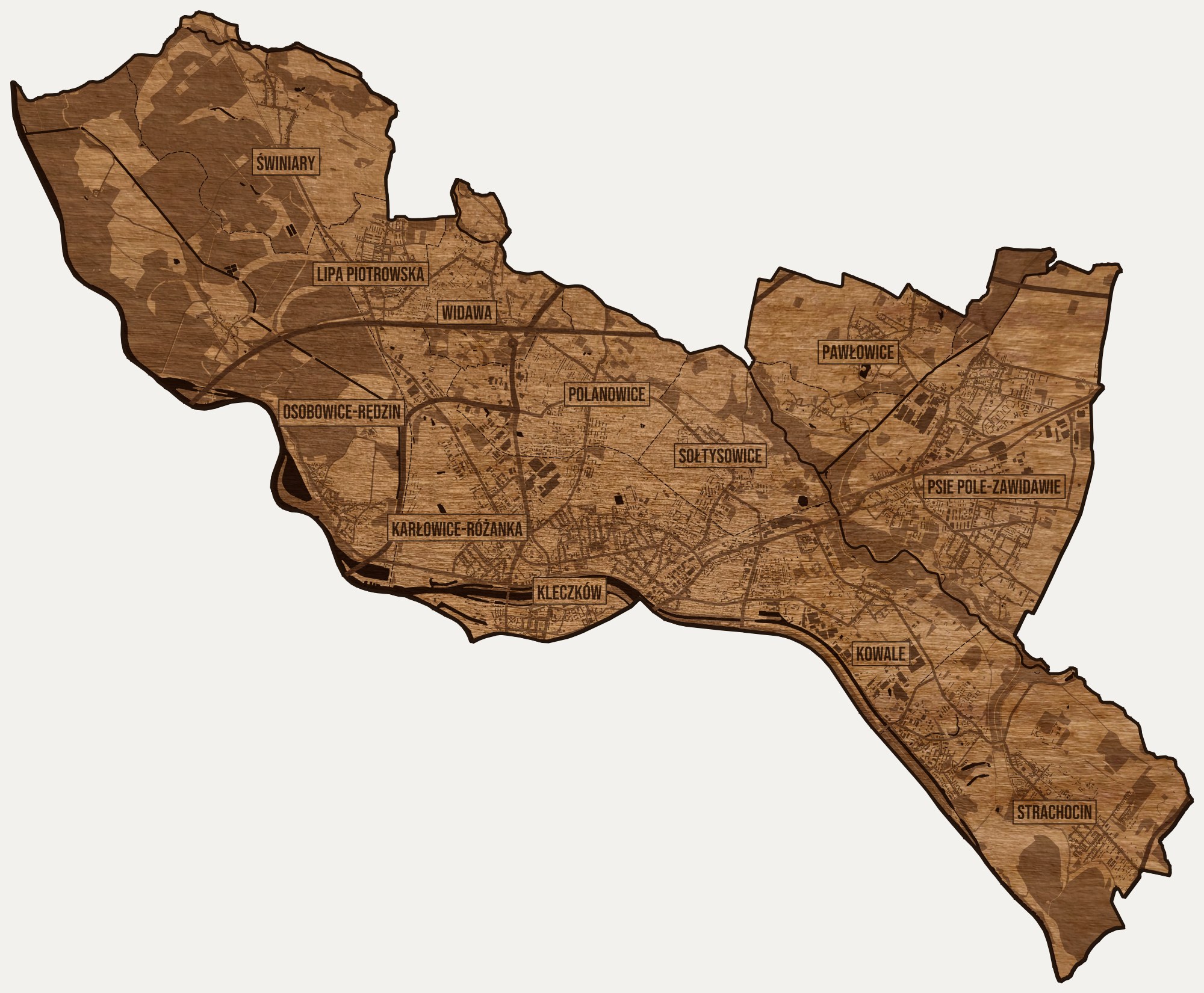 Drewniana mapa dzielnicy Psie Pole (Wrocław) na ścianę z jednego kawałka, granice osiedli wygrawerowane