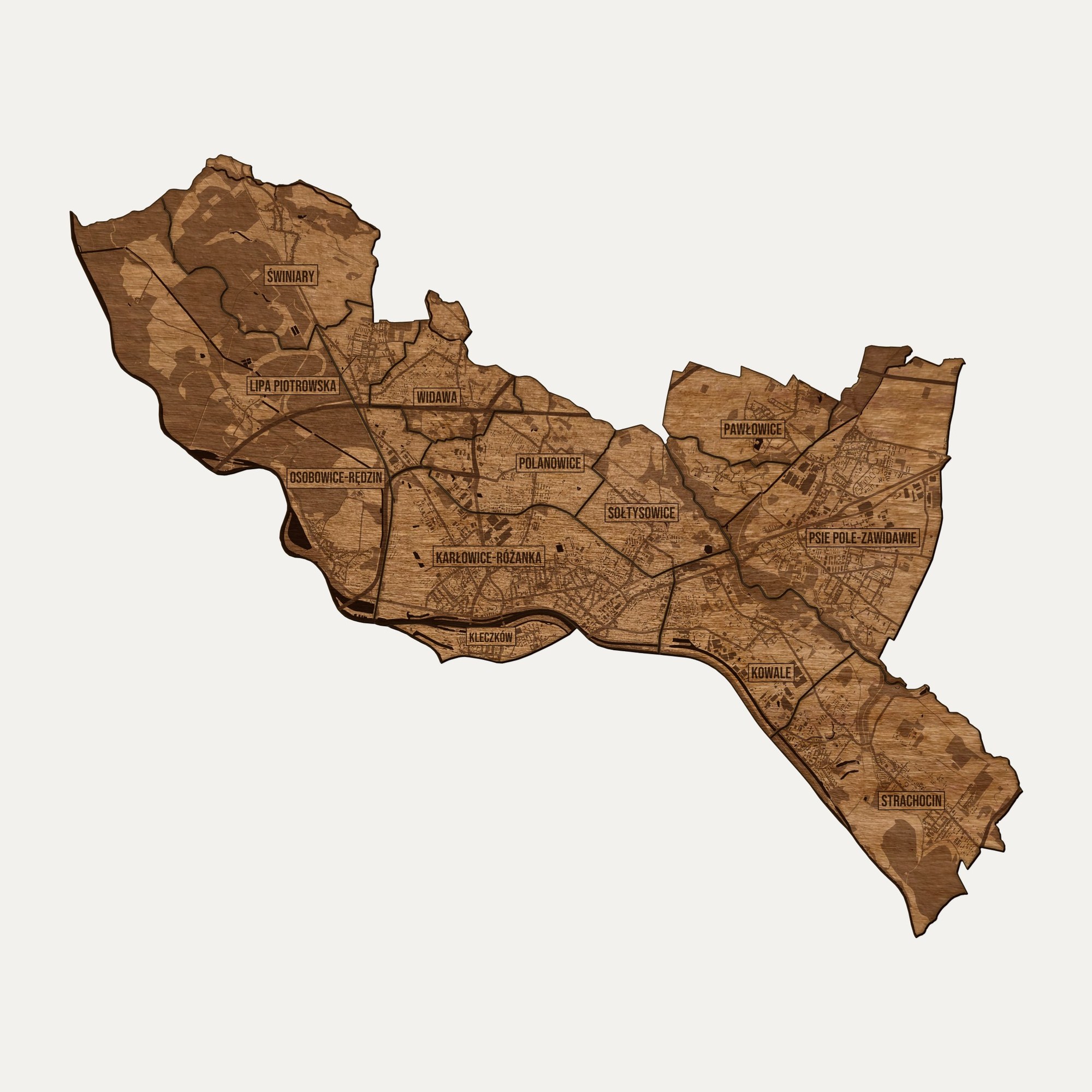 Psie Pole (Wrocław) - drewniana mapa dzielnicy na ścianę