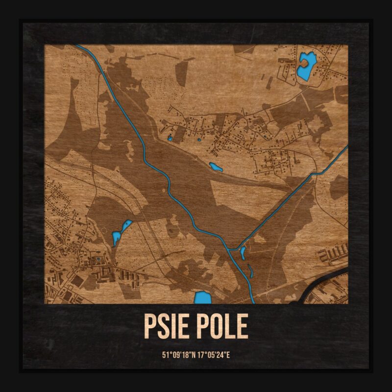 Psie Pole (Wrocław) - drewniana mapa dzielnicy z siatką ulic w ramce