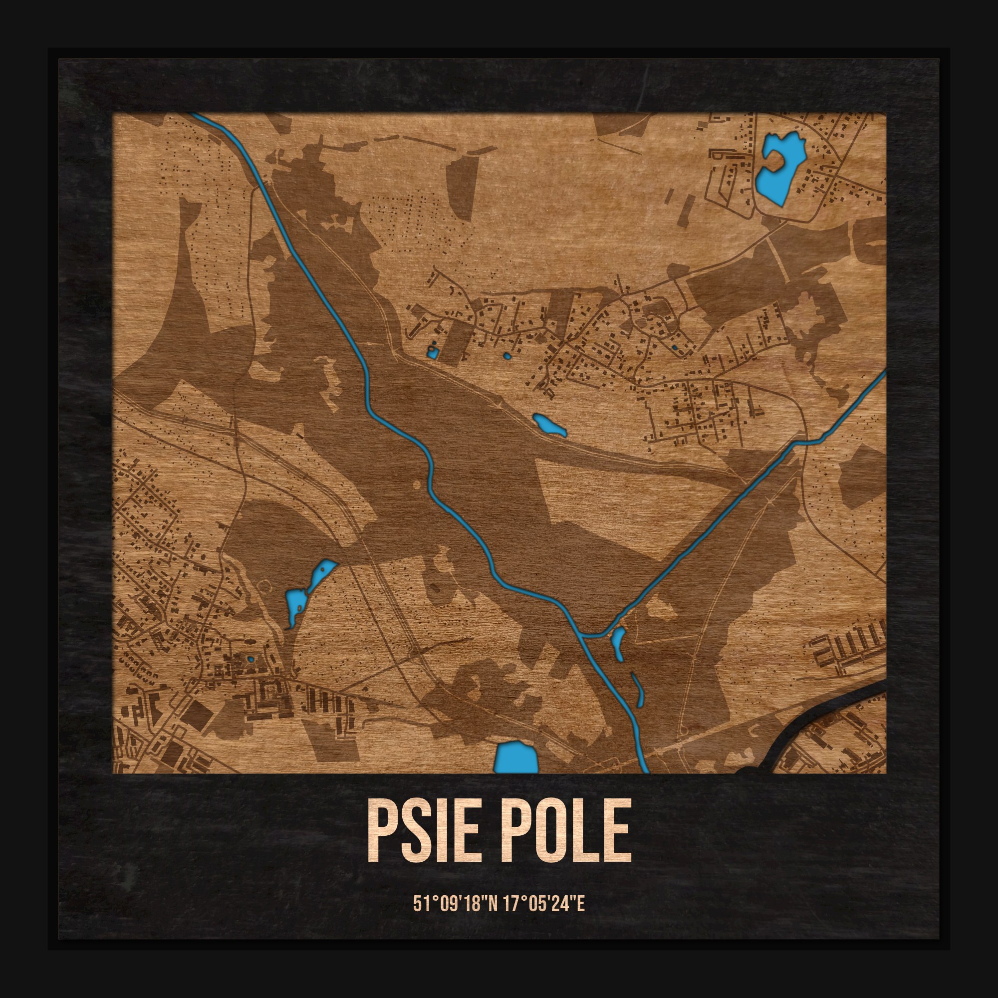 Psie Pole (Wrocław) - drewniana mapa dzielnicy z siatką ulic w ramce