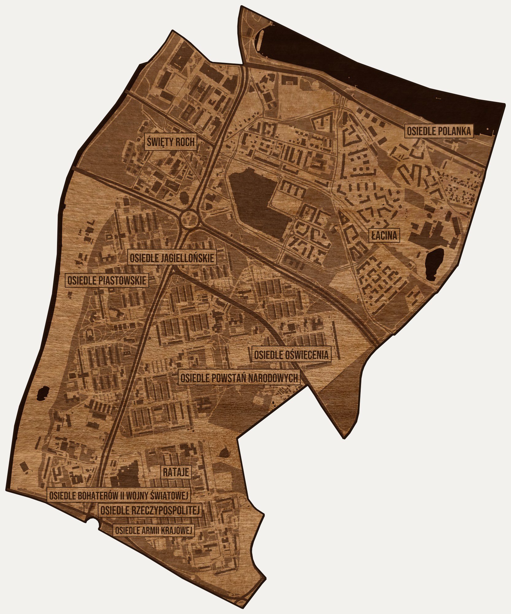 Drewniana mapa dzielnicy Rataje (Poznań) na ścianę z jednego kawałka, granice osiedli wygrawerowane