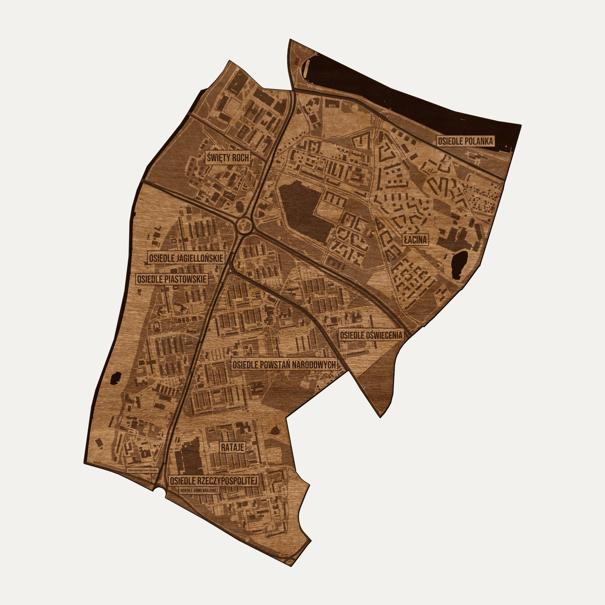 Rataje (Poznań) - drewniana mapa dzielnicy na ścianę