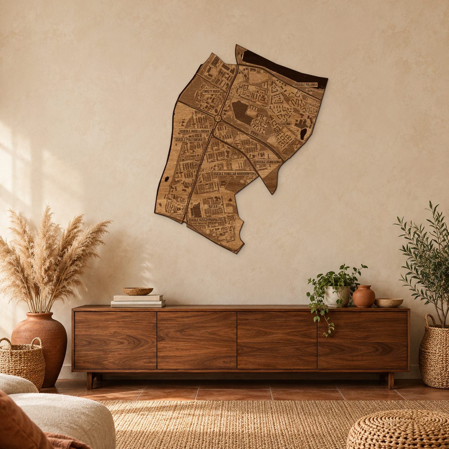 Rataje (Poznań) - mapa na ścianę w rozmiarze L (100 cm) nad komodą