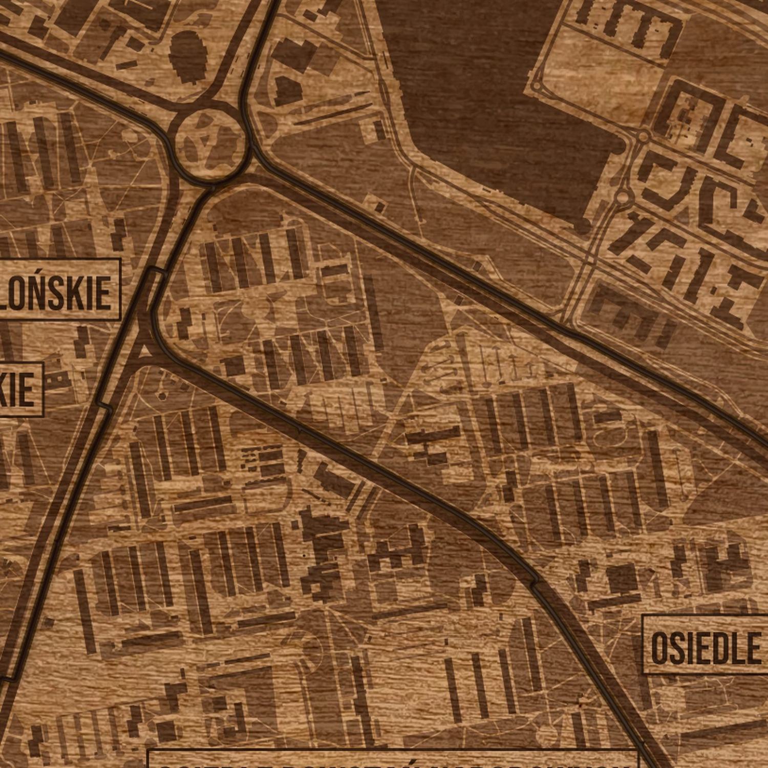 Rataje (Poznań) - zbliżenie na grawer drewnianej mapy