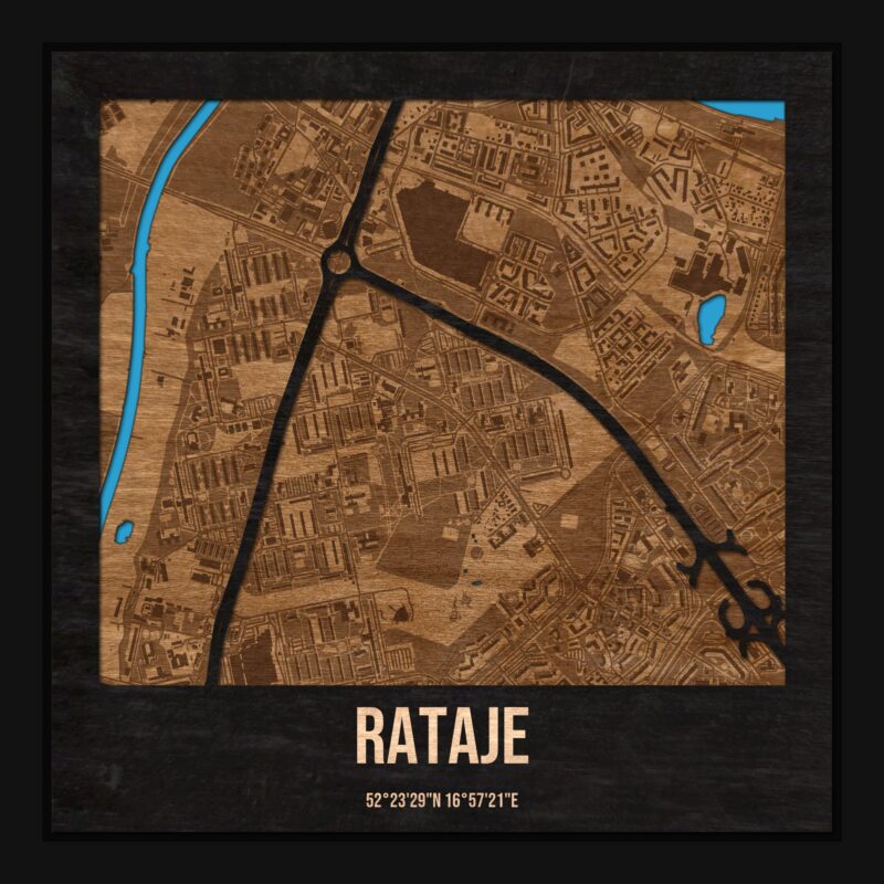 Rataje (Poznań) - drewniana mapa dzielnicy z siatką ulic w ramce