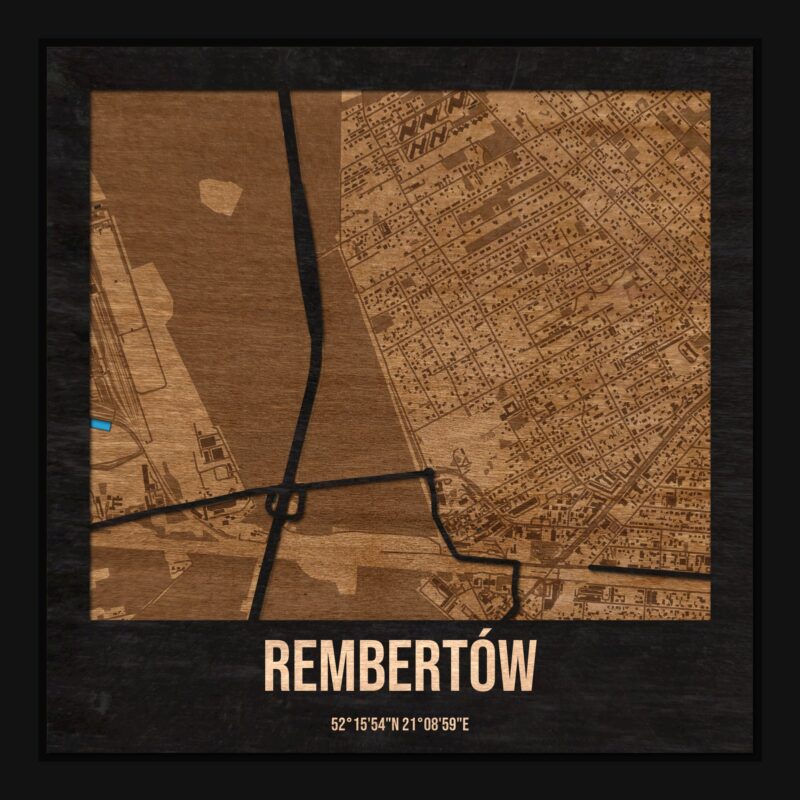 Rembertów (Warszawa) - drewniana mapa dzielnicy z siatką ulic w ramce
