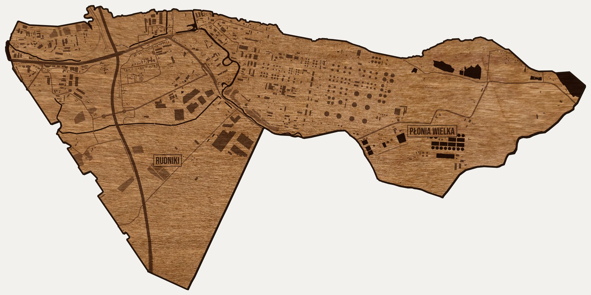 Drewniana mapa dzielnicy Rudniki (Gdańsk) na ścianę z jednego kawałka, granice osiedli wygrawerowane