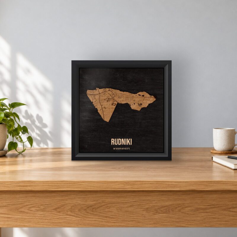 Rudniki (Gdańsk) - drewniana mapa dzielnicy w ramce