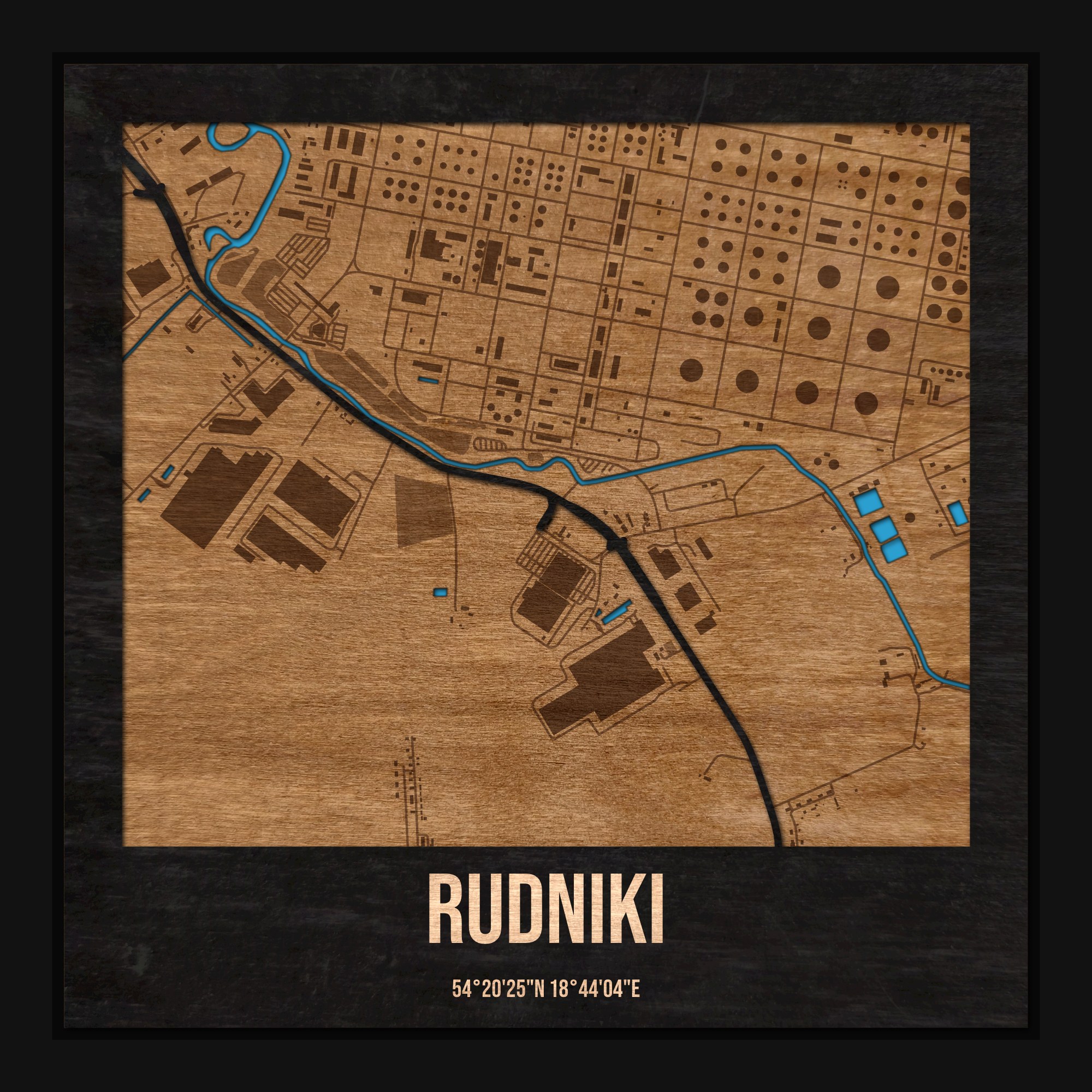 Rudniki (Gdańsk) - drewniana mapa dzielnicy z siatką ulic w ramce