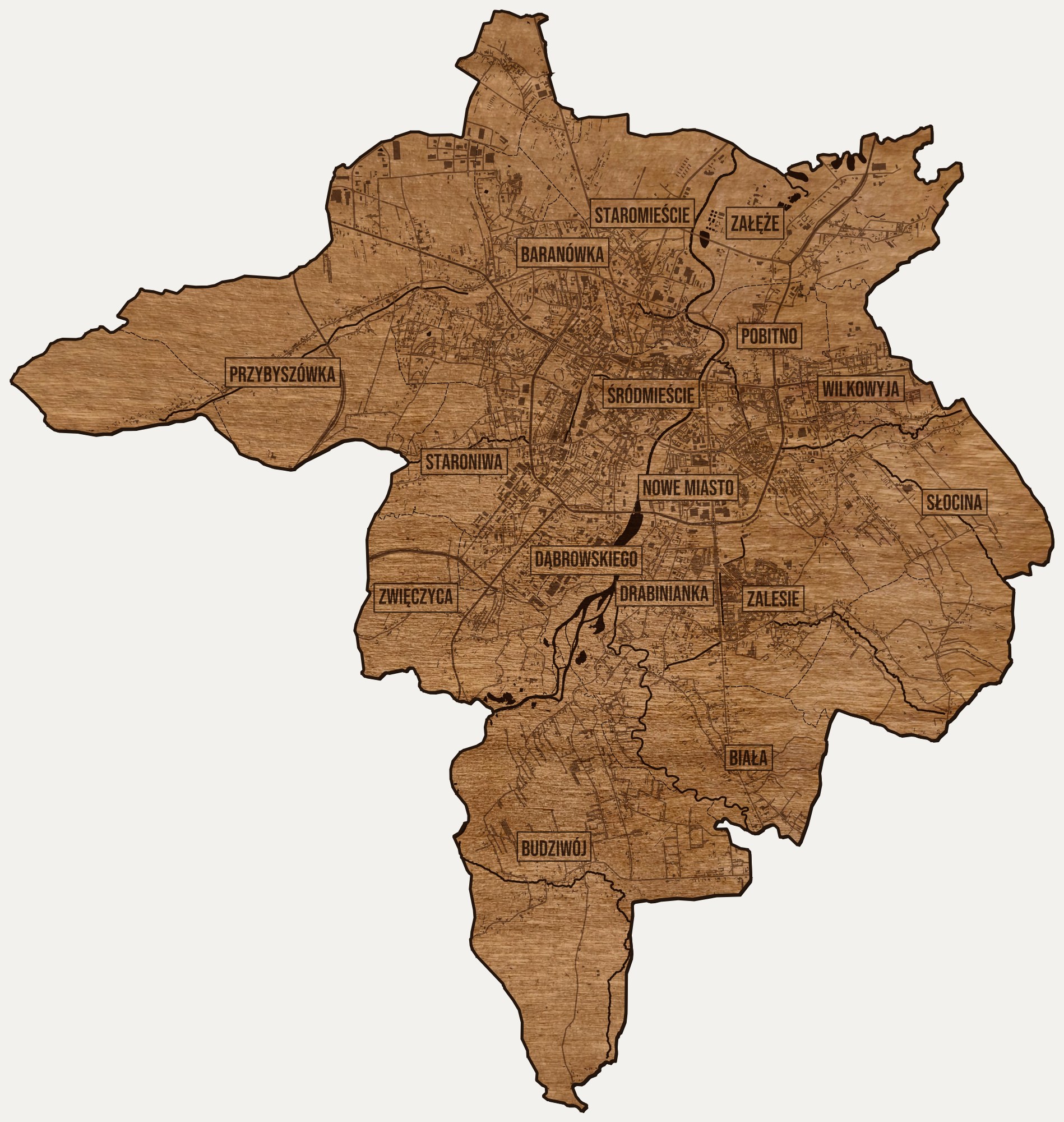 Drewniana mapa Rzeszowa na ścianę z jednego kawałka, granice dzielnic wygrawerowane
