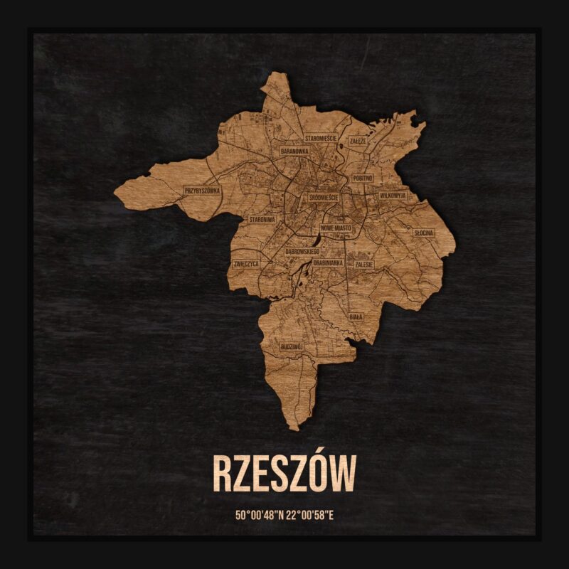 Drewniana mapa Rzeszowa w ramce 25×25: kontur miasta na czarnej płycie, ulice, budynki, rzeki, granice i nazwy dzielnic
