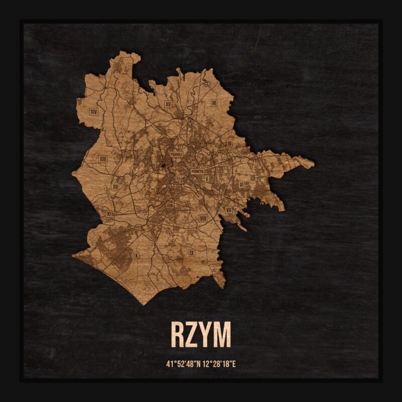 Drewniana mapa Rzymu w ramce 25×25: kontur miasta na czarnej płycie, ulice, zabudowa, rzeki, granice i nazwy dzielnic