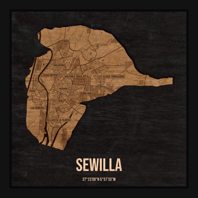 Drewniana mapa Sewilli w ramce 25×25: kontur miasta na czarnej płycie, ulice, zabudowa, rzeki, granice i nazwy dzielnic