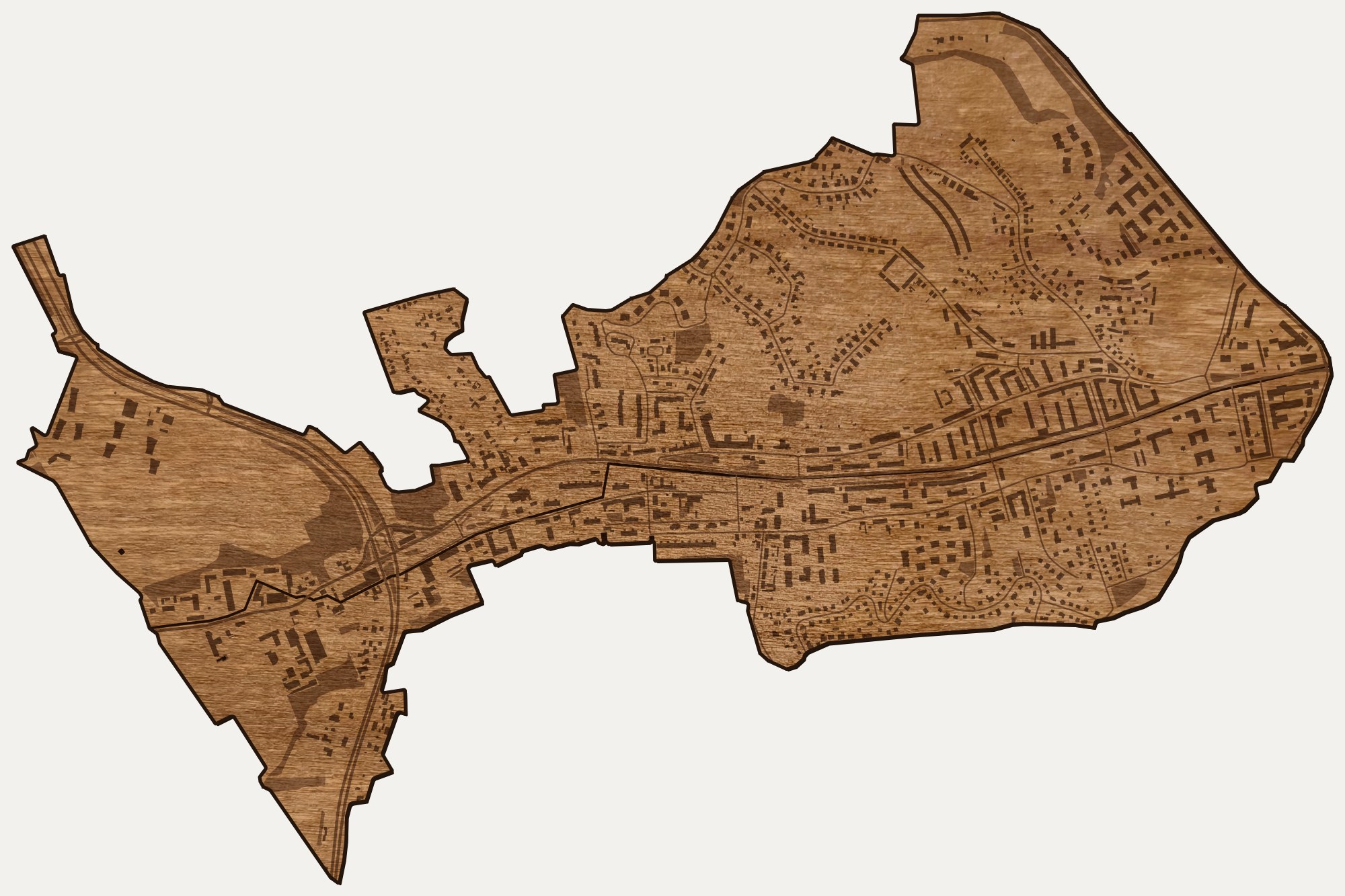 Drewniana mapa dzielnicy Siedlce (Gdańsk) na ścianę z jednego kawałka, granice osiedli wygrawerowane