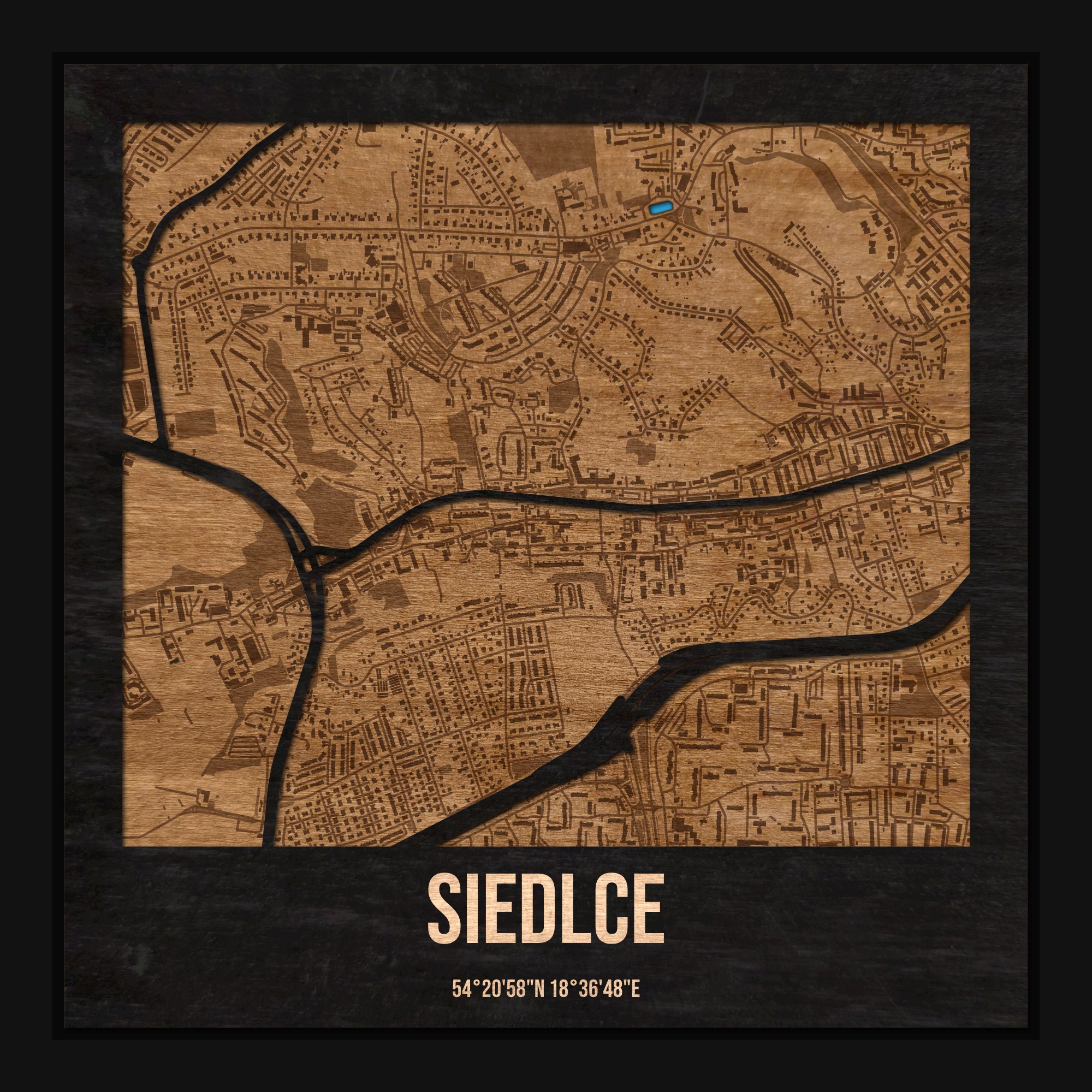 Siedlce (Gdańsk) - drewniana mapa dzielnicy z siatką ulic w ramce