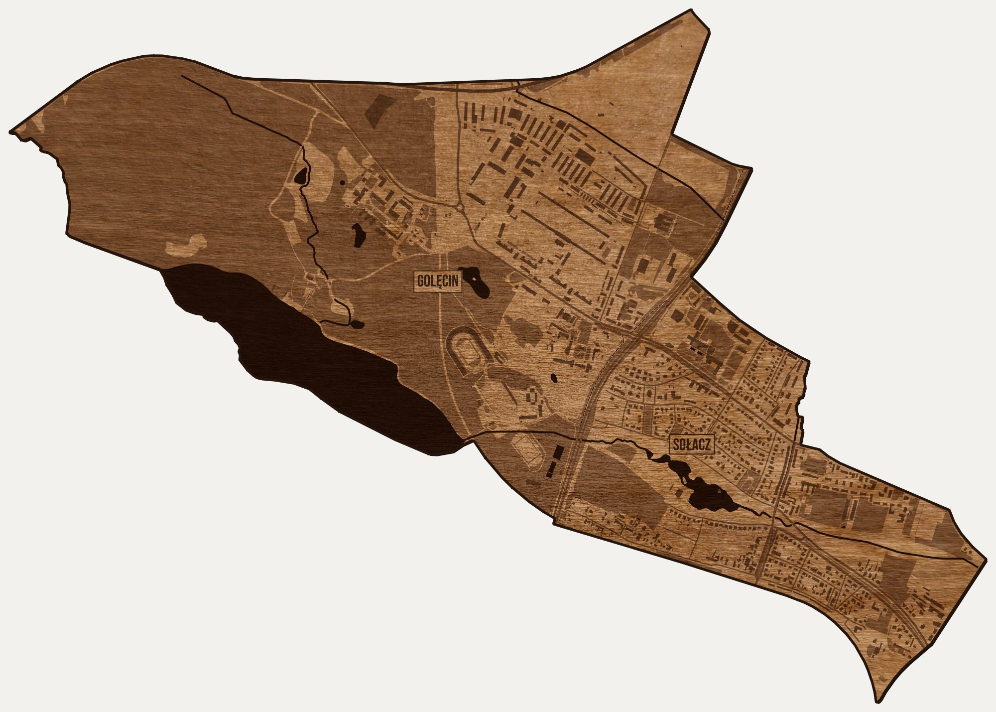 Drewniana mapa dzielnicy Sołacz (Poznań) na ścianę z jednego kawałka, granice osiedli wygrawerowane