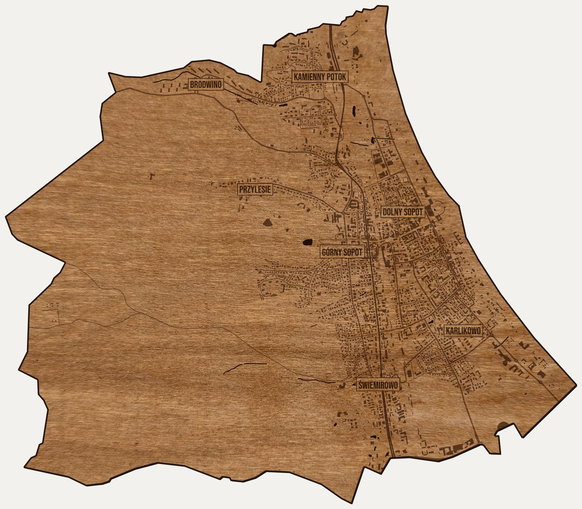 Drewniana mapa Sopotu na ścianę z jednego kawałka, granice dzielnic wygrawerowane